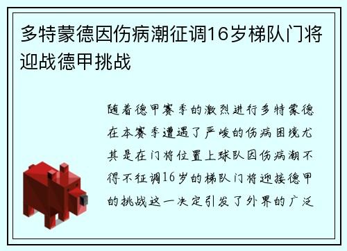 多特蒙德因伤病潮征调16岁梯队门将迎战德甲挑战
